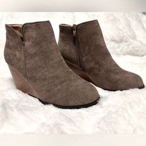 Brown Suede Wedge Ankle Booties with Zipper